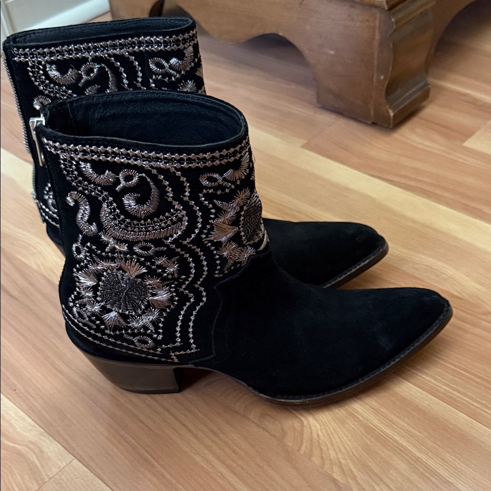 Old Gringo Black Suede Ankle Boots with Silver Embroidery